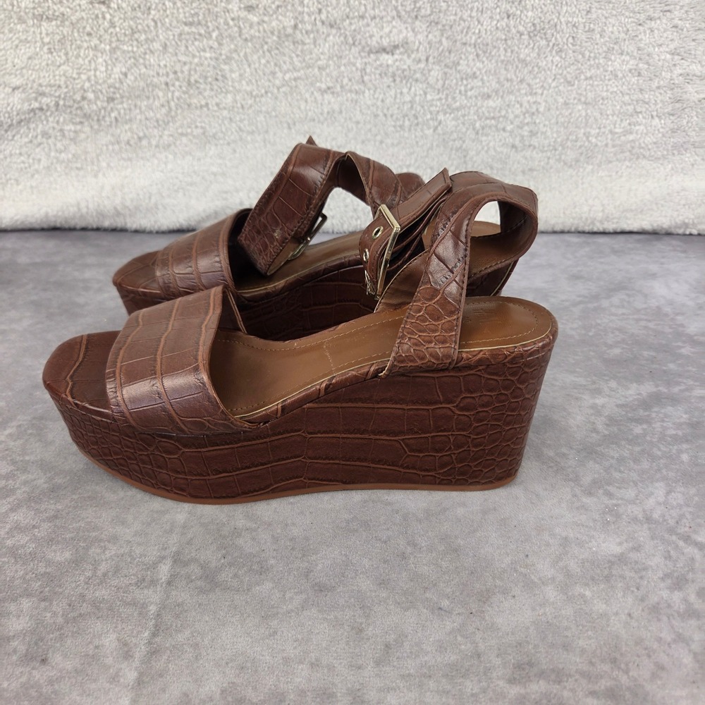 Brown Croc Embossed Platform Wedge Sandals Ankle Strap Buckle Size 40 S2345